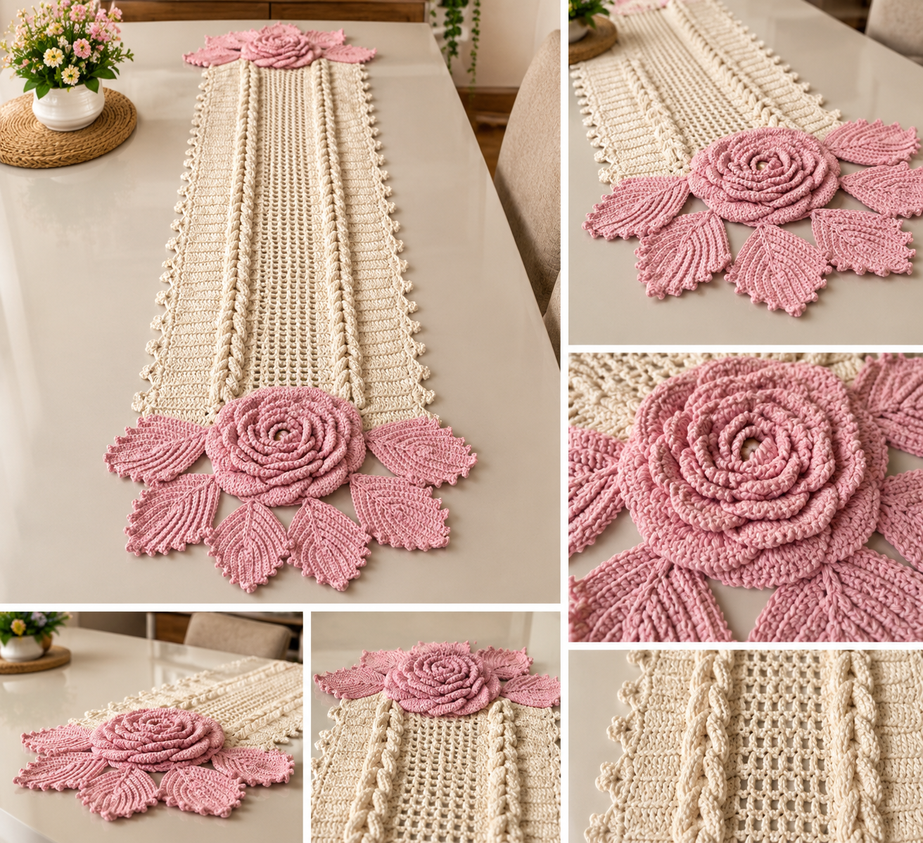 Caminho de Mesa em Crochê Artesanal - Barbante Cru e Rosa - Image 2