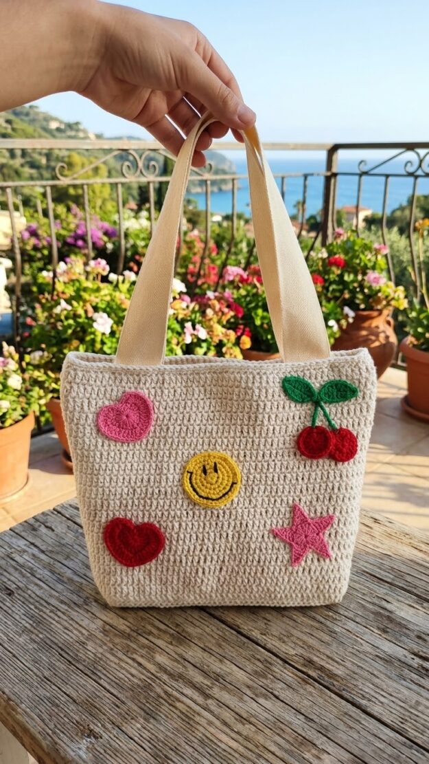 Bag em crochê com apliques divertidos