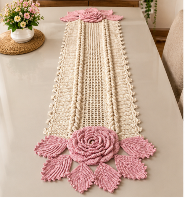 Caminho de Mesa em Crochê Artesanal - Barbante Cru e Rosa