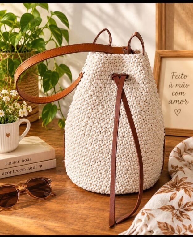 Bolsa Saco de Crochê (Bucket Bag) com Detalhes em Castanho