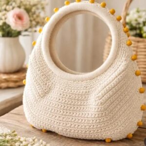 Bolsa de Mão de Crochê Off-White com contas Amarelas