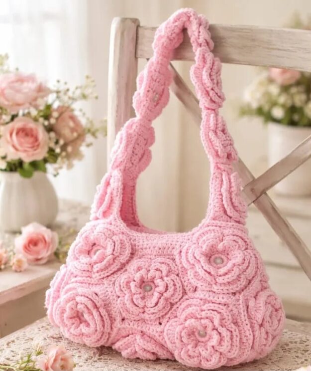 Bolsa de Ombro em Crochê com Flores 3D