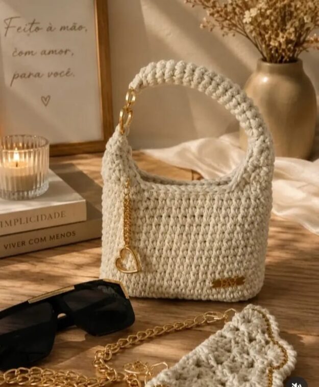 Mini bag de Crochê Off-White com detalhes dourado