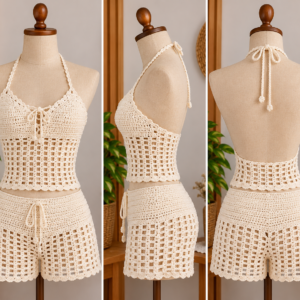 Conjunto menina flor de crochê - short e cropped