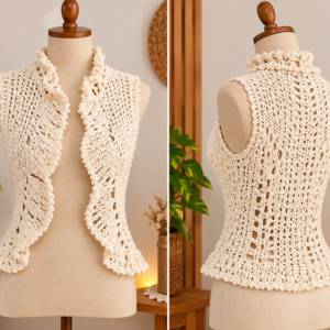 Colete Feminino de Crochê Branco com Gola e Babados Artesanal