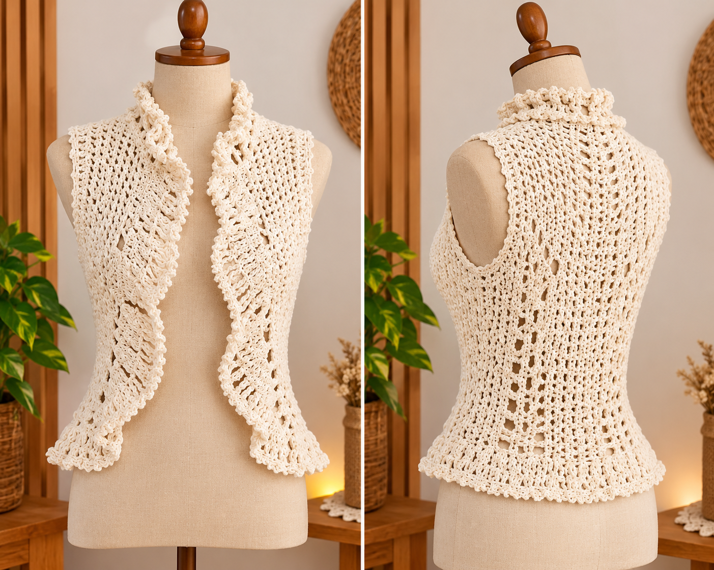 Colete Feminino de Crochê Branco com Gola e Babados Artesanal
