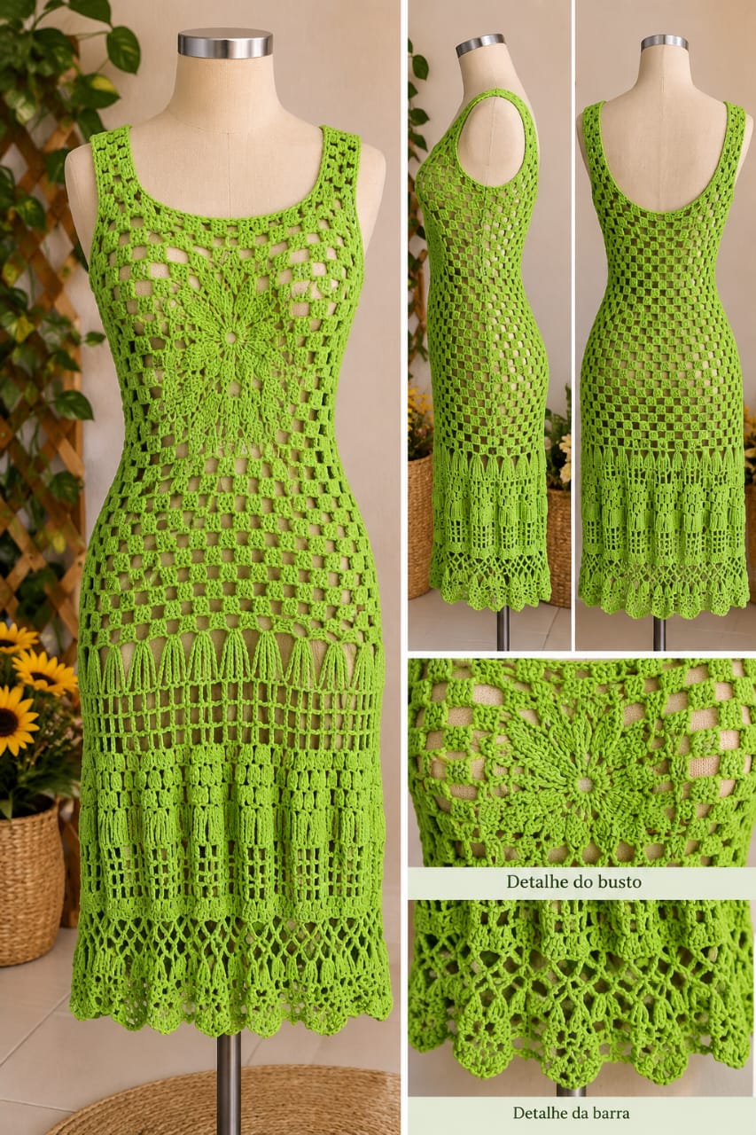 Vestido crochê jardim tropical