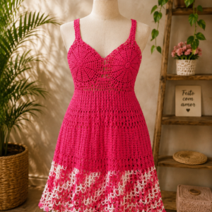Vestido Feminino de Crochê Vermelho com Barrado Mesclado