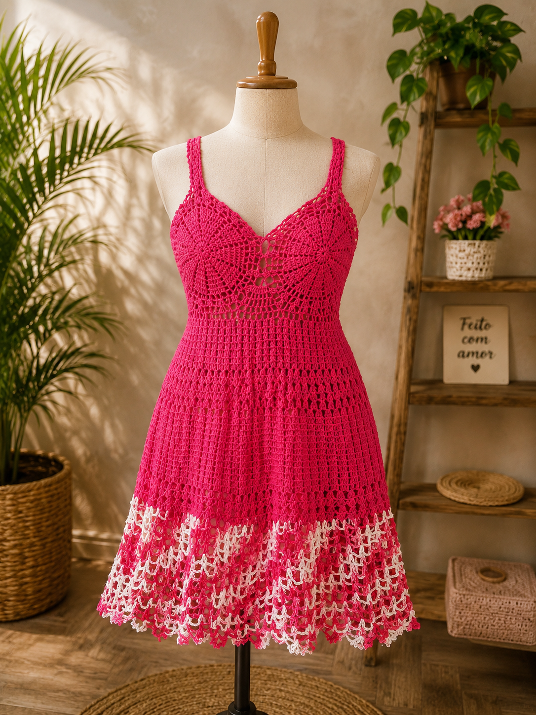 Vestido Feminino de Crochê Vermelho com Barrado Mesclado
