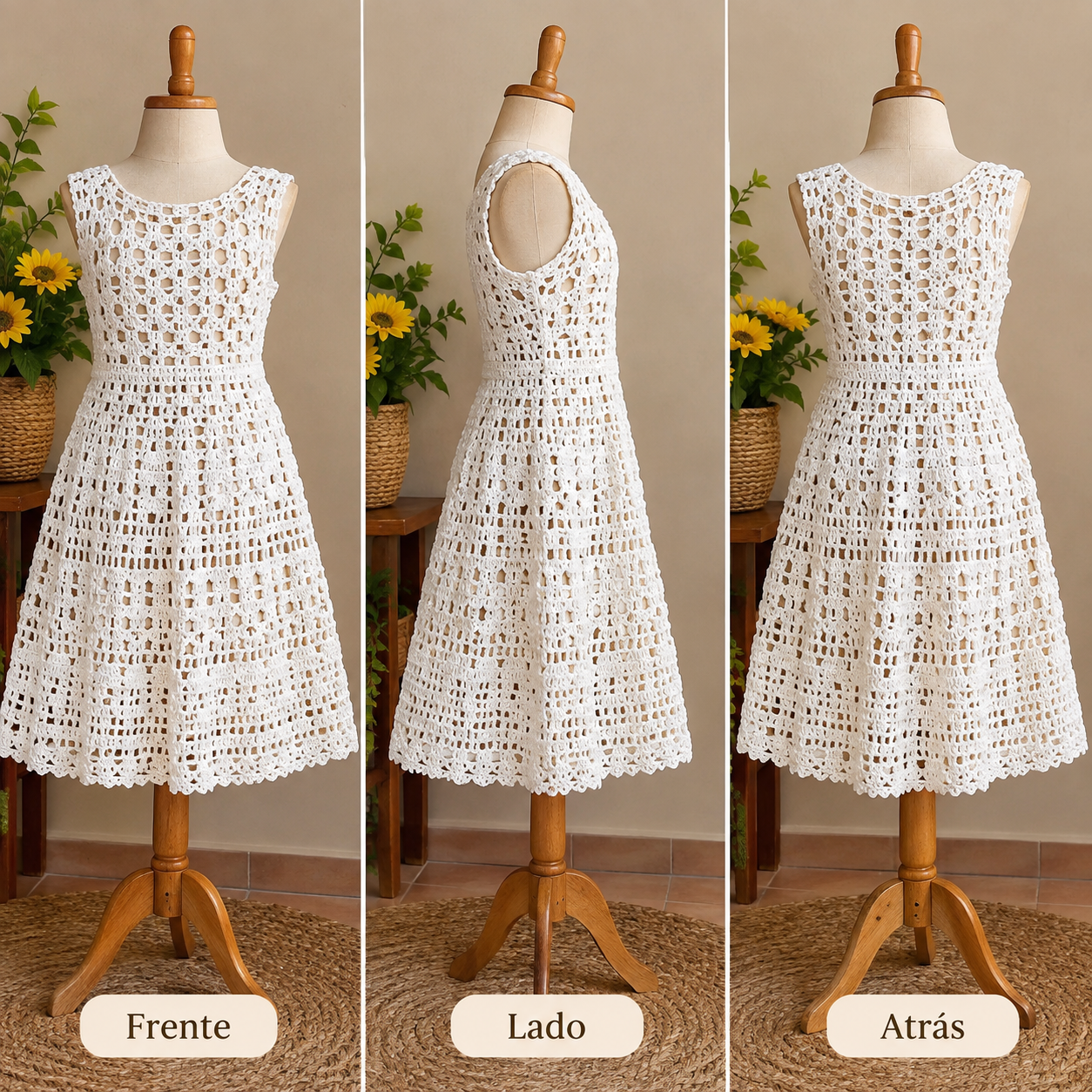Vestido Flor da Terra — Vestido Feminino Adulto de Crochê Branco com Saia Rodada